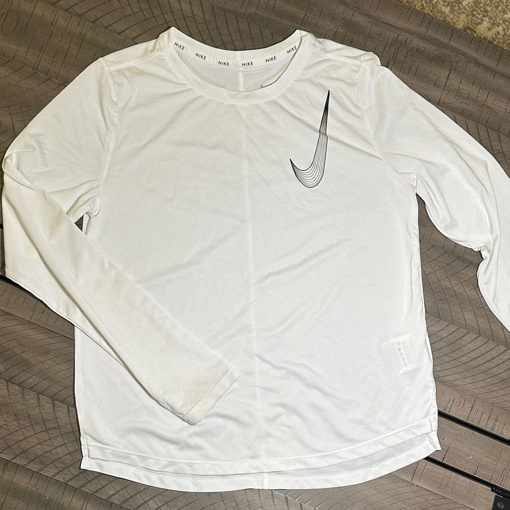 Nike White Dri-FIT Long Sleeve Top with Gray Swoosh